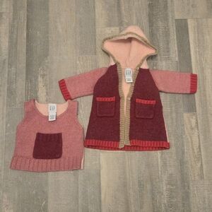 Baby Gap Merino Wool Sweater and Vest Girl's 12-18 Months Set Pink Maroon Red